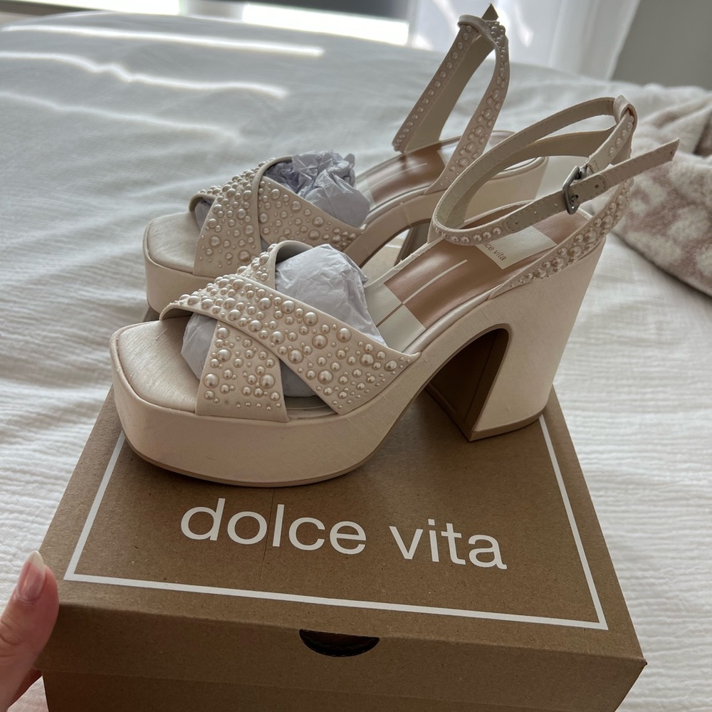 Dolce Vita Pearl Embellished Tan Heels